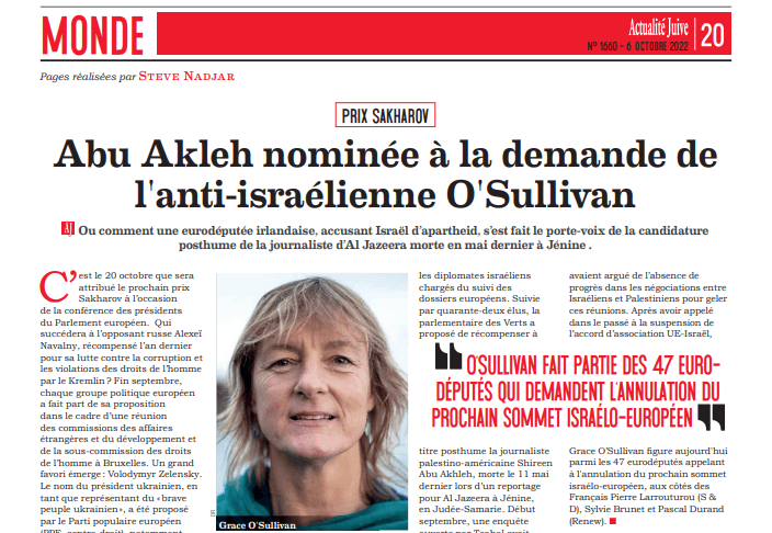 Prix Sakharov: Abu Akleh nominée à la demande de l’anti-israélienne O’Sullivan