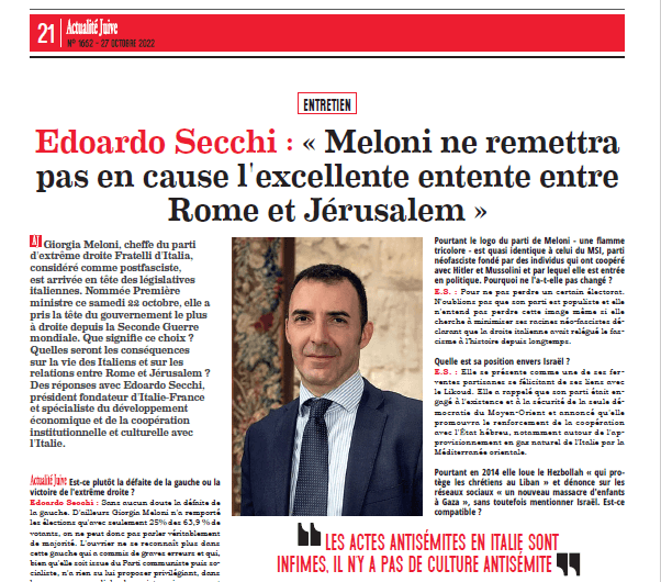 Edoardo Secchi : « Meloni ne remettra pas en cause l’excellente entente entre Rome et Jérusalem »